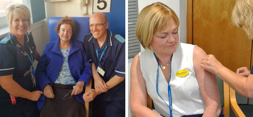 Photos: Staff with patient, and CEO receiving flu vaccination