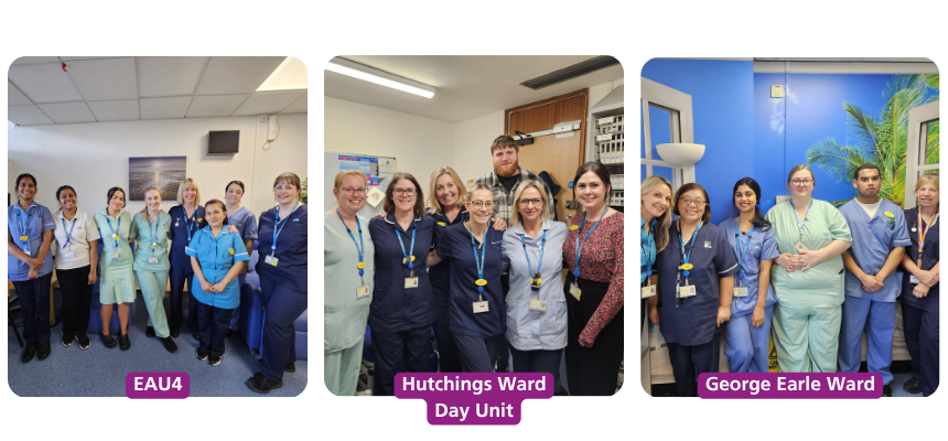 Photo featuring the Our People Awards choice awards nominees. From left to right, Emergency Assessment Unit 4 (EUA4) team, Hutchings Ward Day Unit team, and George Earle Ward team