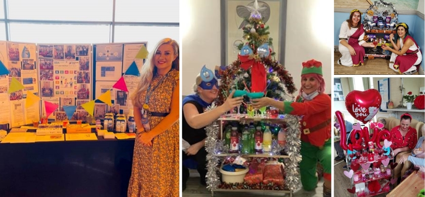 Images: Victoria Wicks presenting a stand promoting the hydration project at a care home event, and images of care home staff dressed up as part of their own care home hydration initiatives