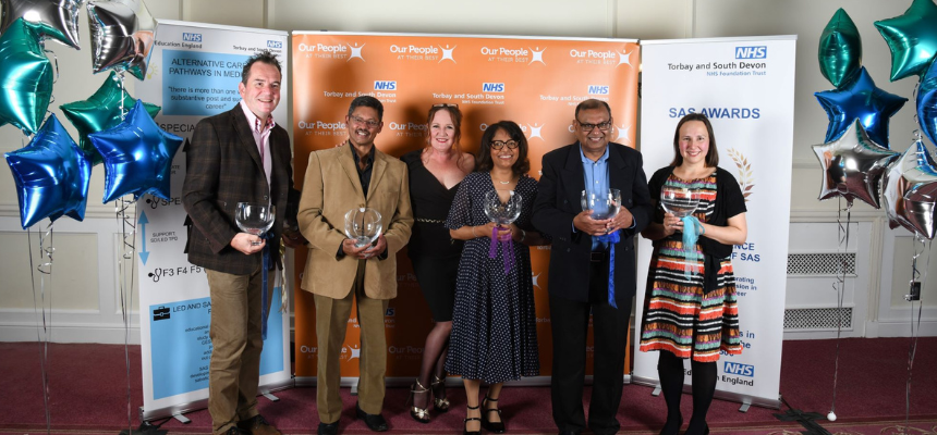 Winners of the 2023 SAS Doctors Awards pictured with their trophies and with Dr Niki Burke, SAS advocate and tutor.