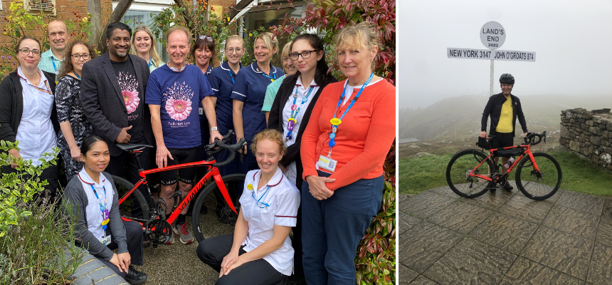 Images: The photo on the left is JJ and Jamie pictured with members of the breast care unit team at Torbay Hospital, and on the right is Jamie with his bike pictured at Land's End.