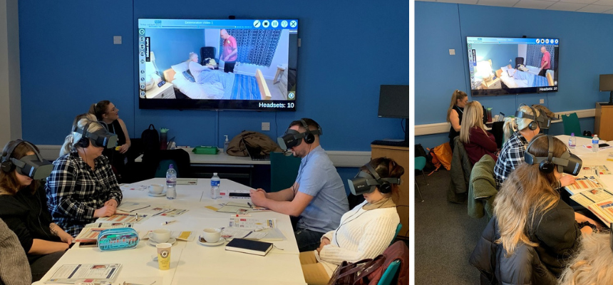 Image: Colleagues taking part in a Train to Restore session, around a table wearing virtual reality headsets.