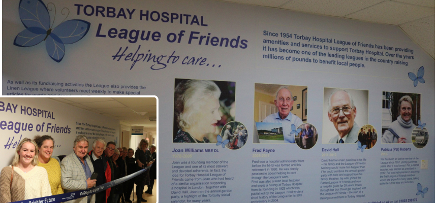 Image: The new Torbay Hospital League of Friends presidents wallpaper and inset image of members of the League and family members of presidents cutting a ribbon at the opening.