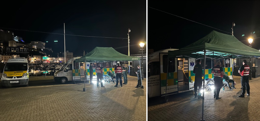 The Torbay Safe Space team and vehicles pictured on Torquay's harbourside on a Saturday night.