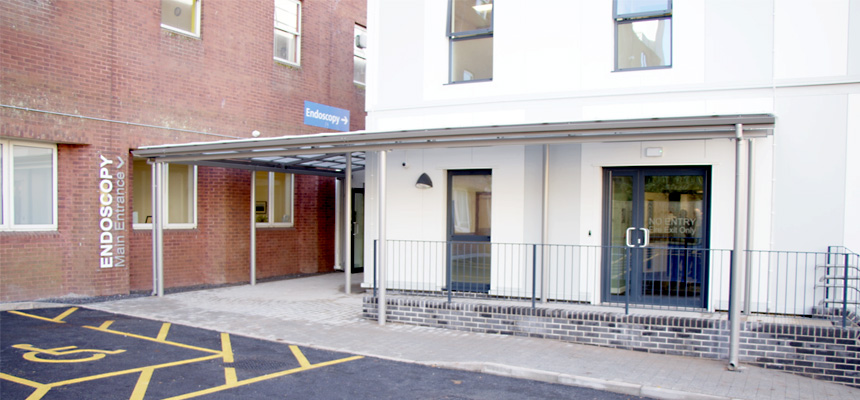Image: The entrance to the new endoscopy building at Torbay Hospital.