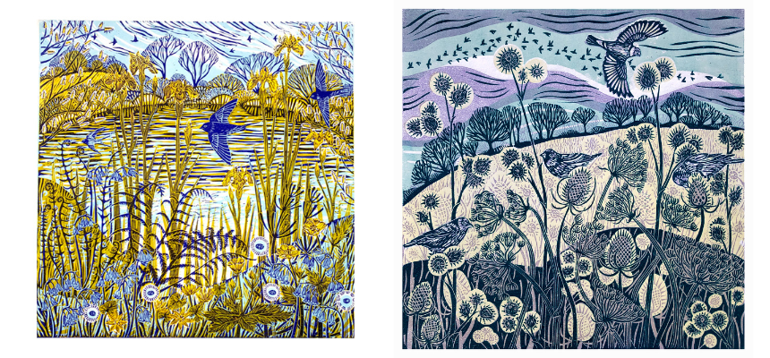 Images: Two of Claire Armitage's artworks entitled 'Field of Gold Murmuration' and 'Lake Beyond Blue'