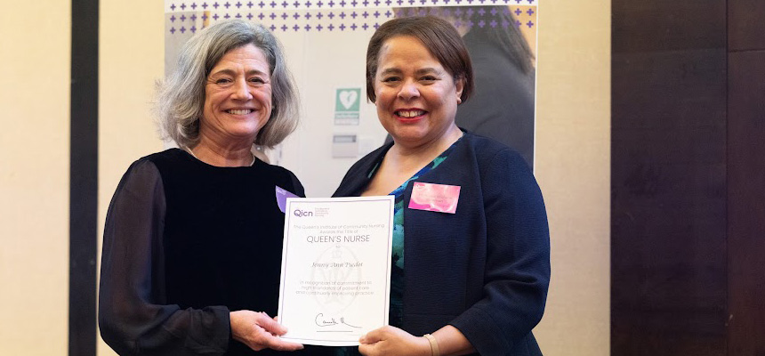 Jenny Piedot, a Community Epilepsy Specialist Nurse, receiving the prestigious Queen’s Nurse award for her services to community nursing.
