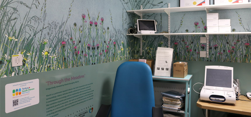 The newly refurbished pacemaker room in the Heart and Lung Department at Torbay Hospital, featuring wall-to-wall floral mural artwork titled "Through the Meadow" by local printmaker Niamh Geraghty Morris. The artwork displays tall green grasses, pink thistle-like flowers, and white daisies across the upper walls. Below the mural sits a blue patient chair, medical equipment, a computer monitor, and an informational panel about the Torbay and South Devon NHS Charity legacy gift from Mr Kenneth Zaple.