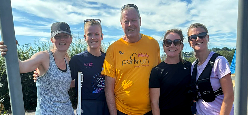 Photo: John Osborn and Torbay’s nursing team from the RADAR trials programme after John’s 100th parkrun.