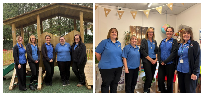 two photos of staff from Rainbow Nursery smiling