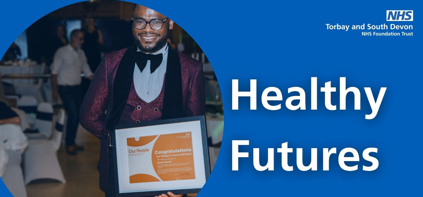 Healthy Futures magazine cover banner. Featuring Our People’s Choice individual award winner Gabriel Moroti, being presented with his award
