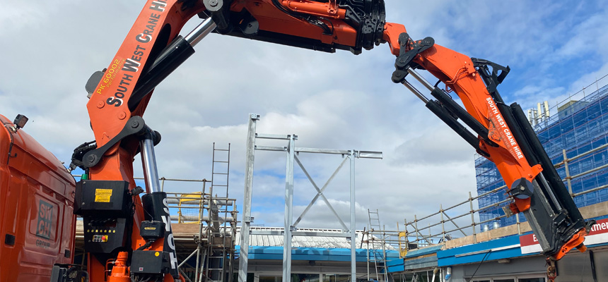 Torbay Hospital's Emergency Department entrance during building works with the steels installation