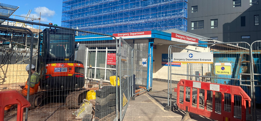 Torbay Hospital's Emergency Department entrance during building works