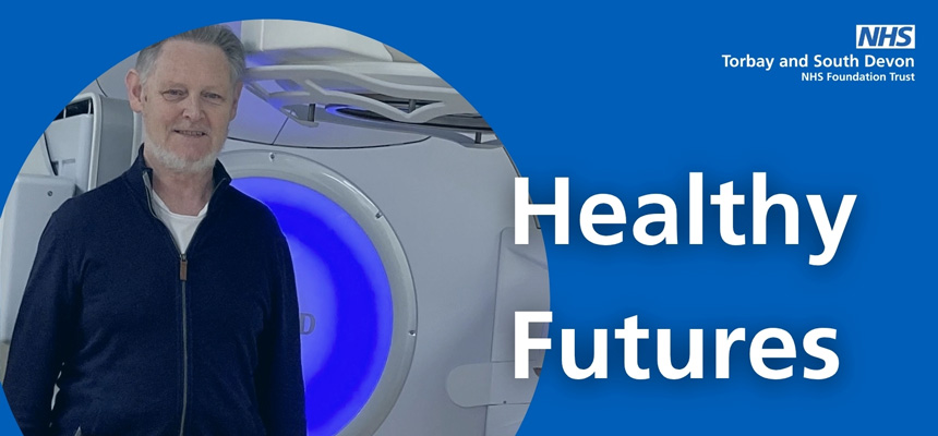 Healthy Futures magazine cover banner featuring Stephen Dwyer-Lapthorne standing next to the Stereotactic ablative radiotherapy (SABR) device