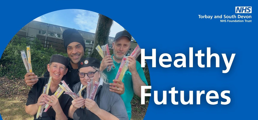 Healthy Futures magazine cover banner. Featuring four of our catering colleagues with ice pops