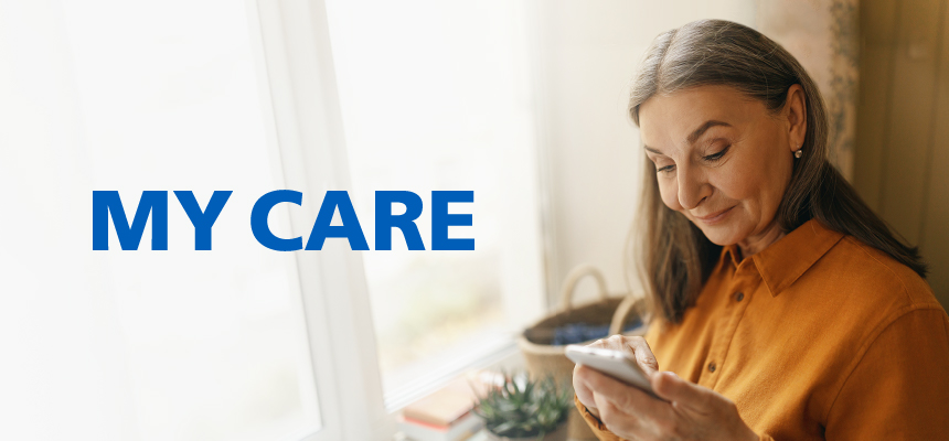 Photo of a women checking her MY CARE details on her mobile phone, with the MY CARE logo to one side of the image