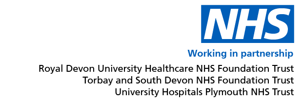 NHS Working in partnership logo for Royal Devon Healthcare NHS Foundation Trust, Torbay and South Devon NHS Foundation Trust, and University Hospitals Plymouth NHS Trust